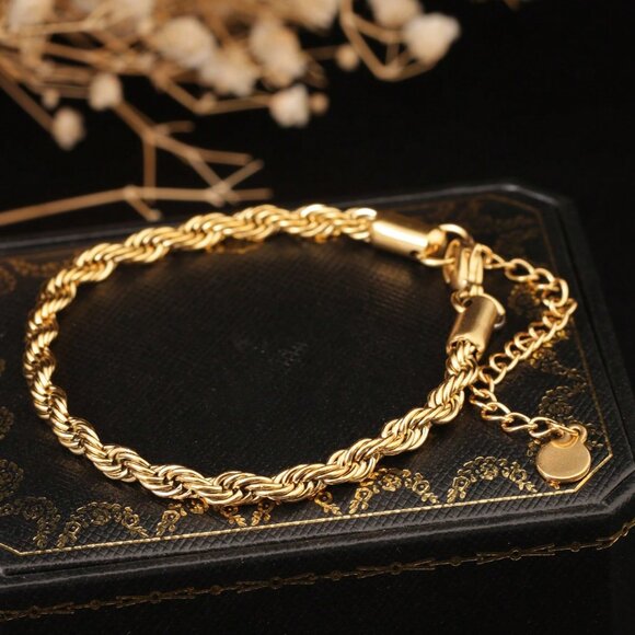 24K Gold Plated Twisted Bracelet, Titanium Steel Hypoallergenic - Picture 1 of 6